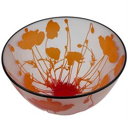 Gillies Jones of Rosedale glass bowl decorated with orange poppies with black rim, upon a short clear tapering foot, signed to base, H14cm D15cm