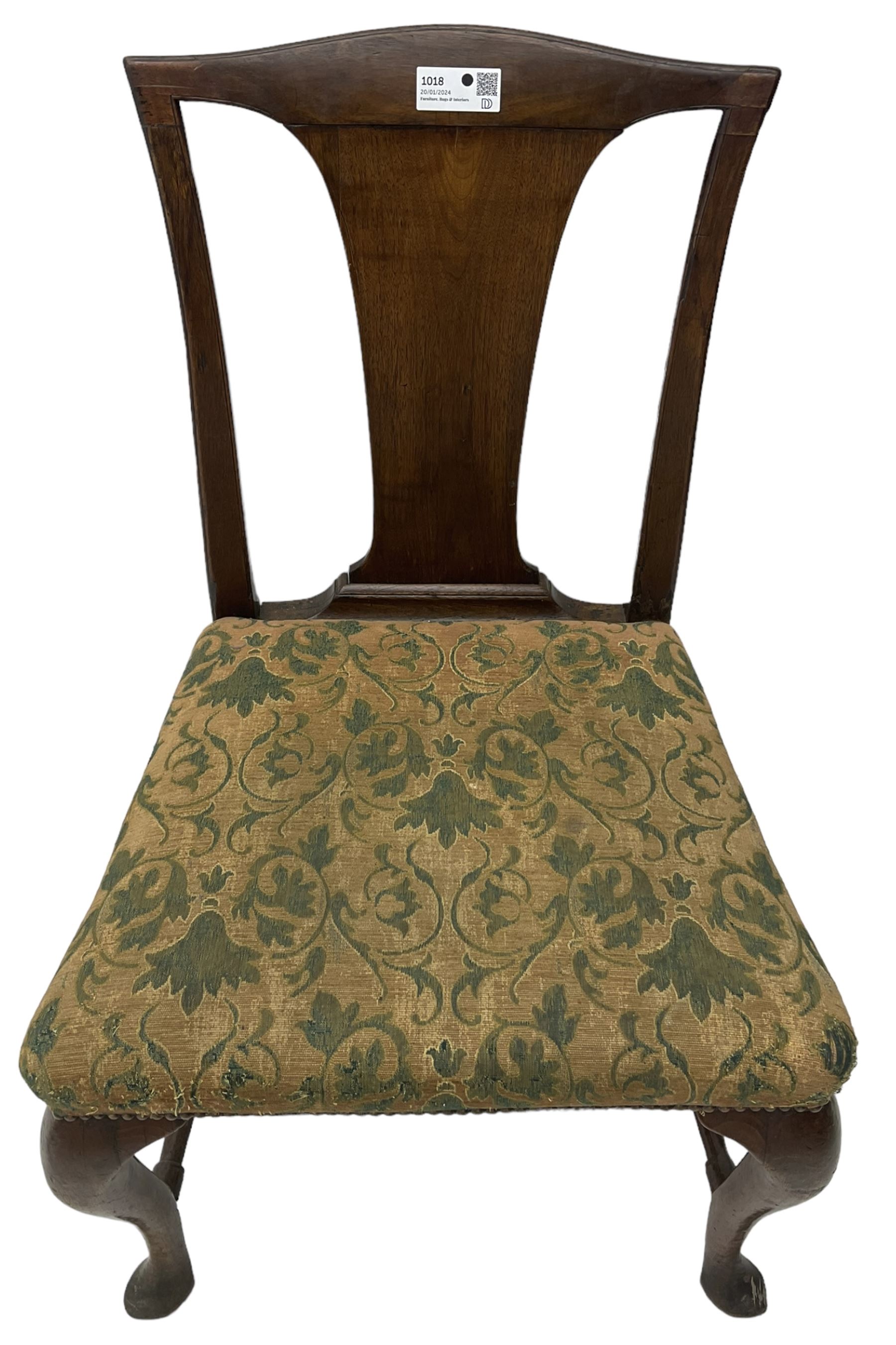 Mid-18th century mahogany side chair, shaped cresting rail over tapered back splat, seat upholstered in green and camel foliate patterned fabric with stud work border, raised on cabriole supports united by swell-turned stretchers