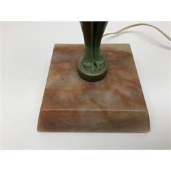 Art Deco patinated spelter table lamp, modelled as a young woman, upon a canted square alabaster plinth, H49.5cm