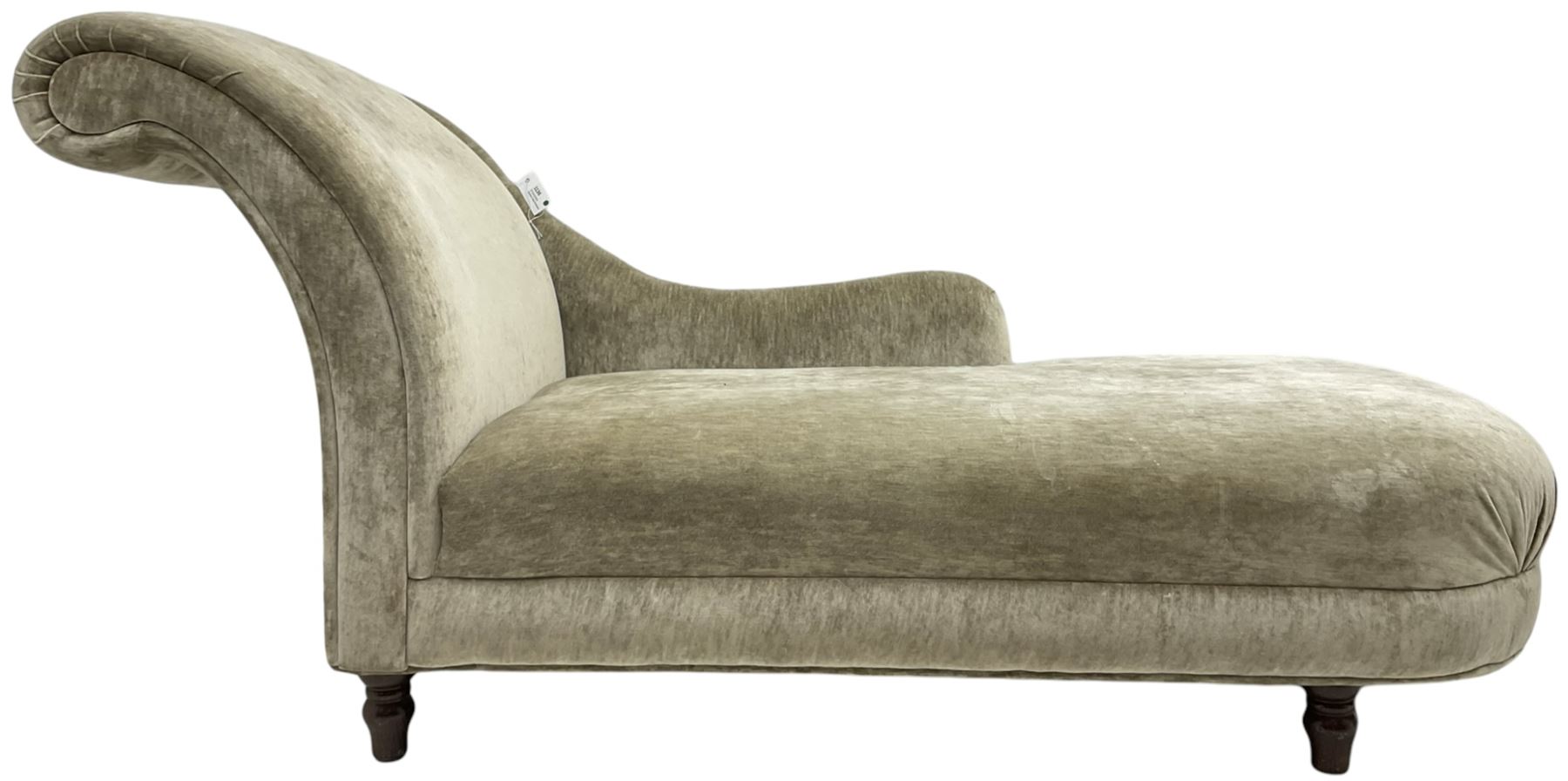 Contemporary chaise longue with scrolled back, upholstered in champagne crushed velvet, on turned feet