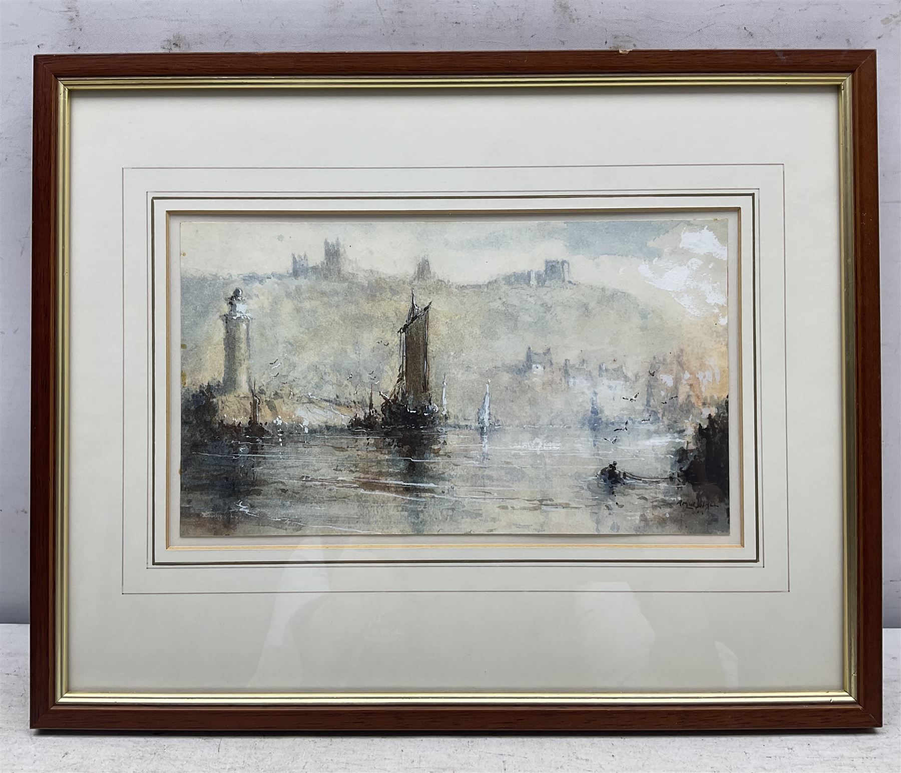 Richard Marshall (British 1944-2006): Whitby Harbour, watercolour heightened in white signed 14cm x 24.5cm