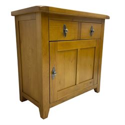Light oak side cabinet, rectangular top over drawer and cupboard