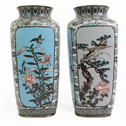 Pair of Japanese Cloisonne vases, of rounded square form, each decorated with four panels depicting birds amongst trees, against turquoise and pale blue/ grey ground, unmarked, H32cm