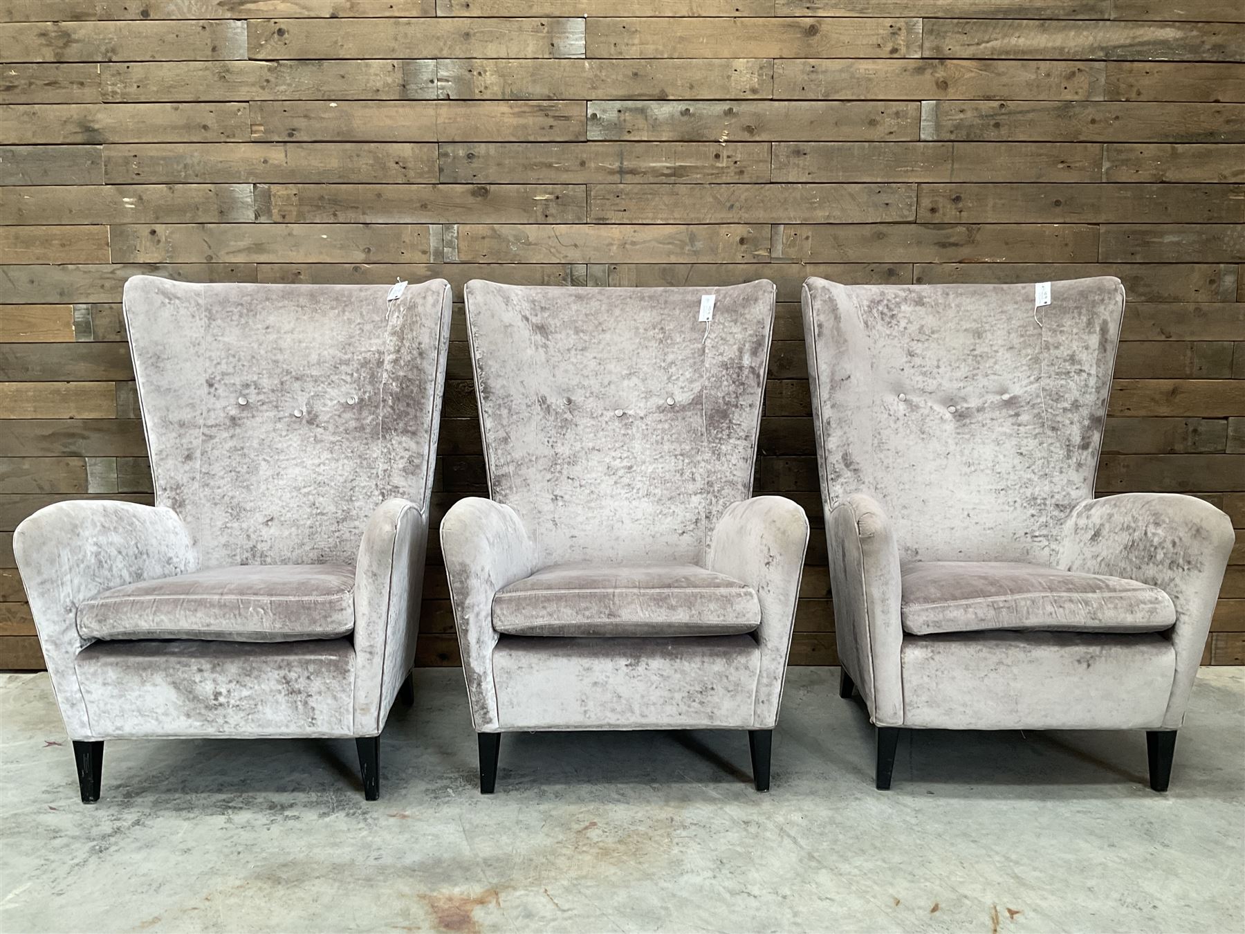 4 x Wing back armchair upholstered in silver crushed velvet fabric