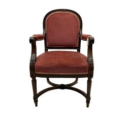 20th century French design mahogany fauteuil armchair, moulded and beaded framed, upholstered in pink fabric, rolled arms over acanthus leaf carved supports, on turned and fluted front supports united by curved X-framed stretcher 