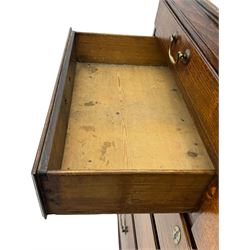 George III oak chest, rectangular top over frieze with inlaid with inscription panels 'Mary Rees' and fan motifs, frieze drawer over two short and three long graduating drawers, fitted with brass swan-neck handles and oval escutcheons, on bracket feet