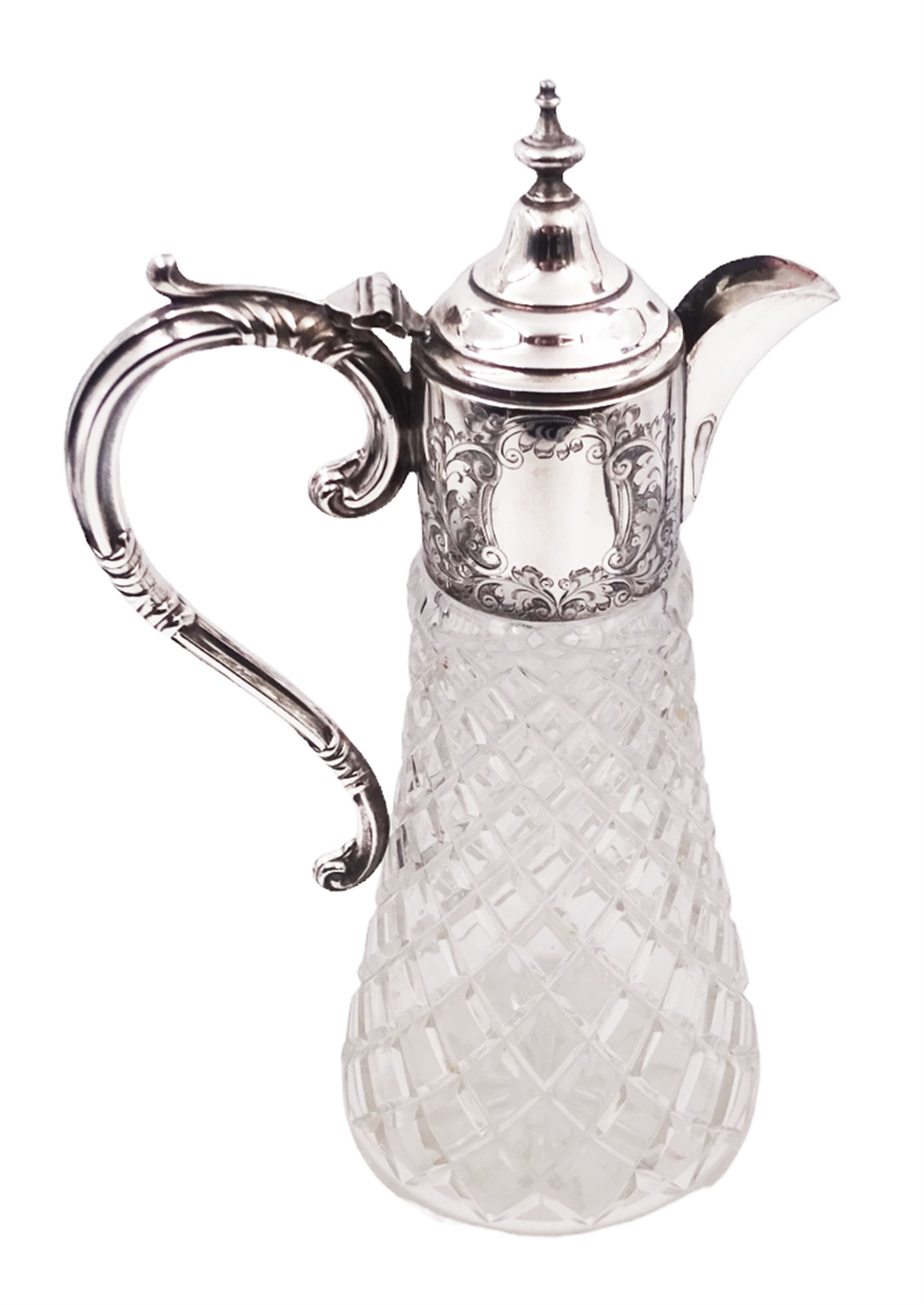 Modern silver mounted glass claret jug, with capped C scroll handle, engraved collar and urn finial to cover, hallmarked Charles S Green & Co Ltd, Birmingham 1973, H32.4cm