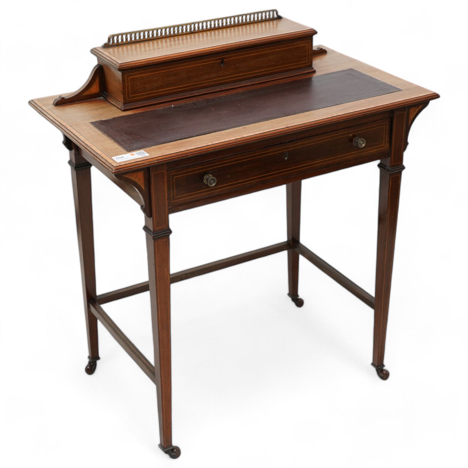 Edwardian inlaid mahogany writing desk, raised correspondence compartment over leather inset top, fitted with single drawer, on square tapering supports with brass and ceramic castors 