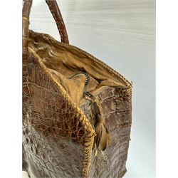 Large twin handled crocodile skin bag, with zippable compartment, H39cm 