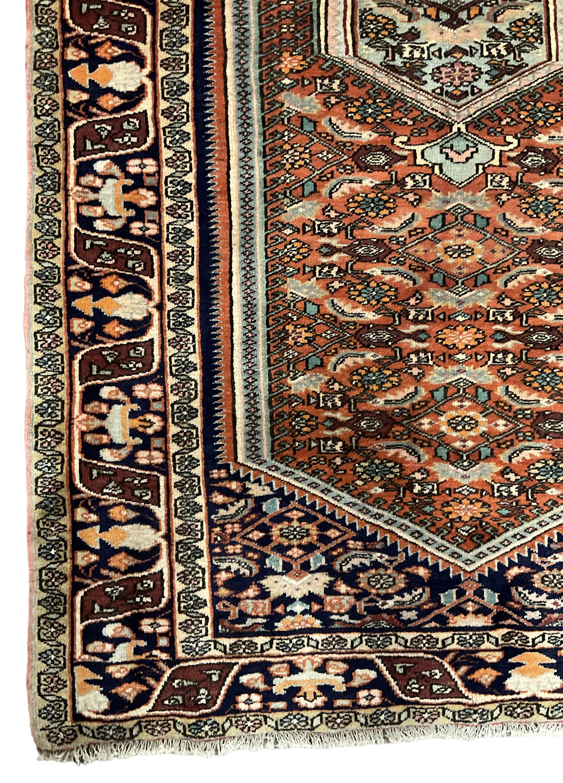 North West Persian Bidjar rug, orange peach ground extended field on indigo ground, decorated with floral Herati motifs, repeating waved border decorated with stylised plant motifs