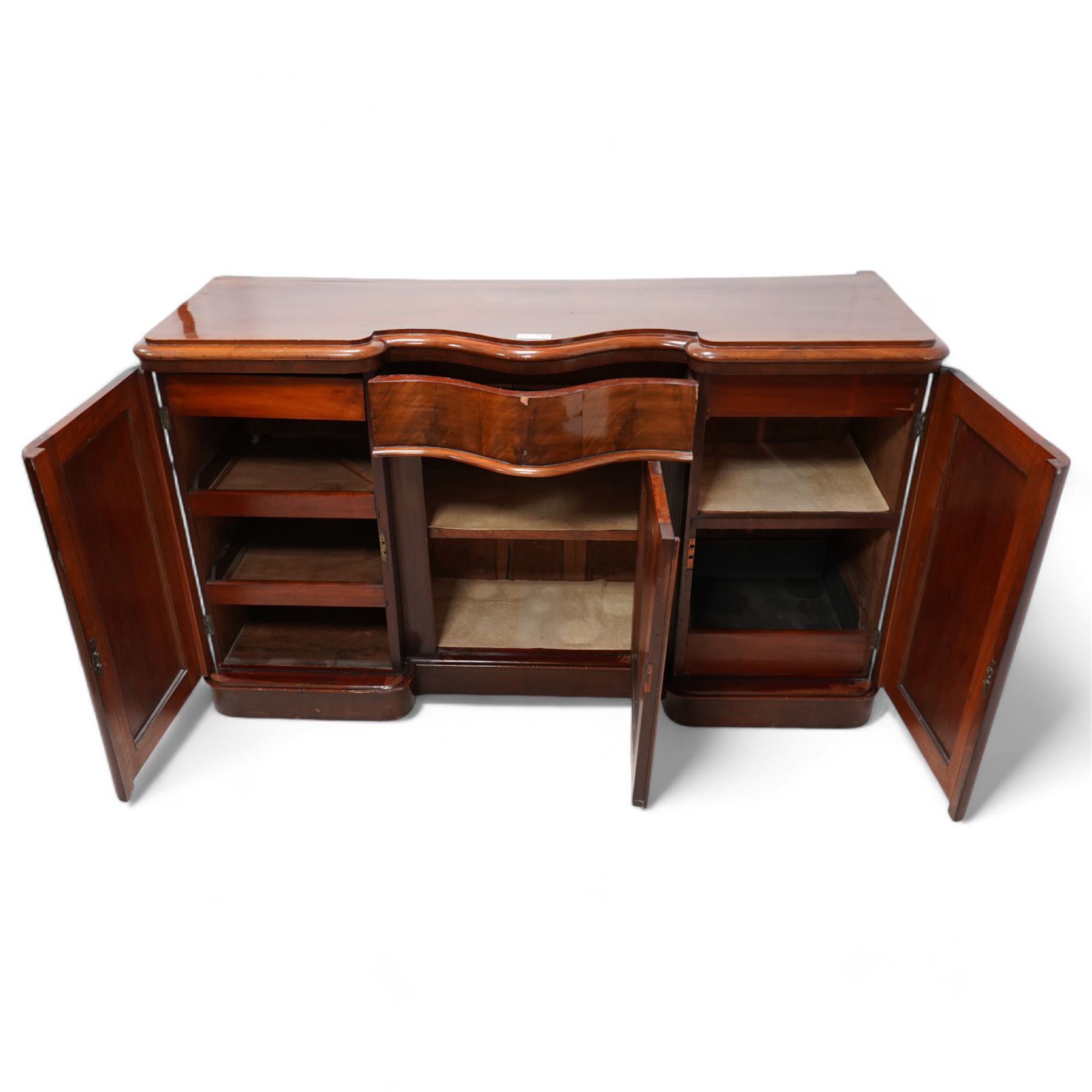 Victorian mahogany sideboard, fitted with single drawer and three cupboards, on moulded plinth base