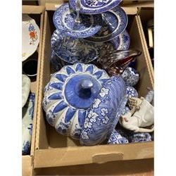 Blue and white ceramics, including cake stands, cheese dome, pumpkin jar, etc, together with Noritake tea set, glassware and other ceramics in four boxes 