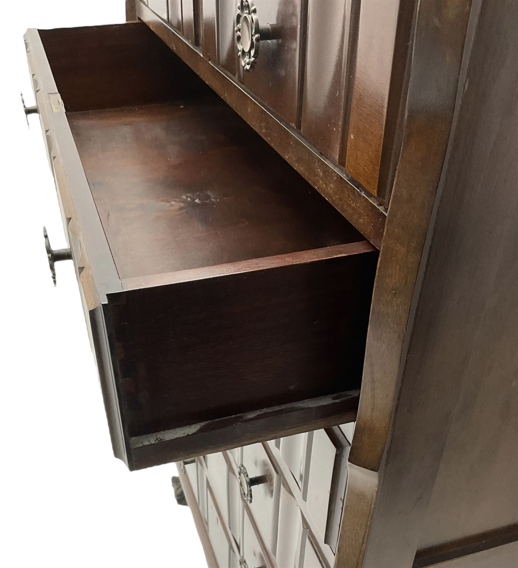 Early 20th century Dutch design mahogany chest, raised back over shaped top, fitted with two short and five long drawers, raised on ball and claw feet