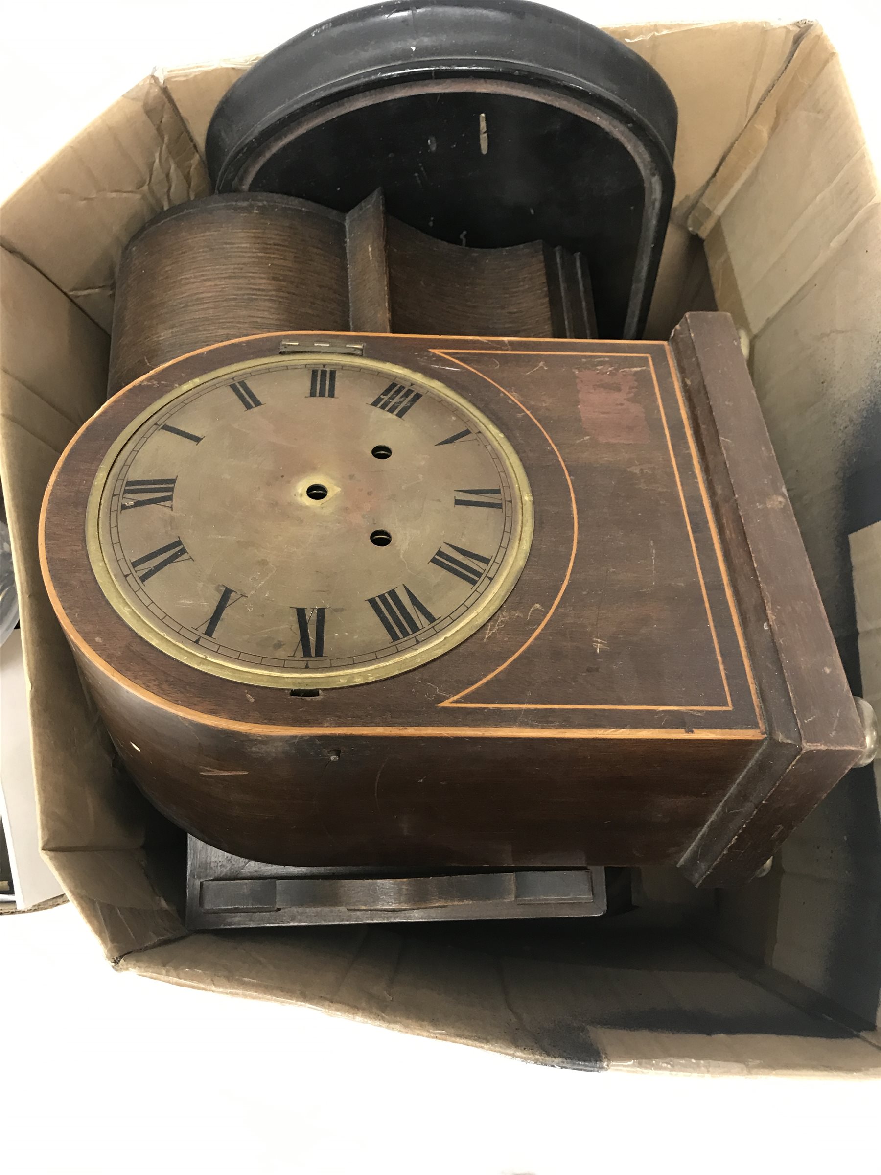 Collection of clock and watch parts - various cases some with movement, ebonised and marble plinths, various clock movements, clock dials, bezels, watches and watch parts etc... in two boxes