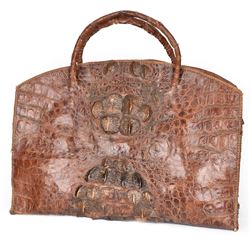 Large twin handled crocodile skin bag, with zippable compartment, H39cm 