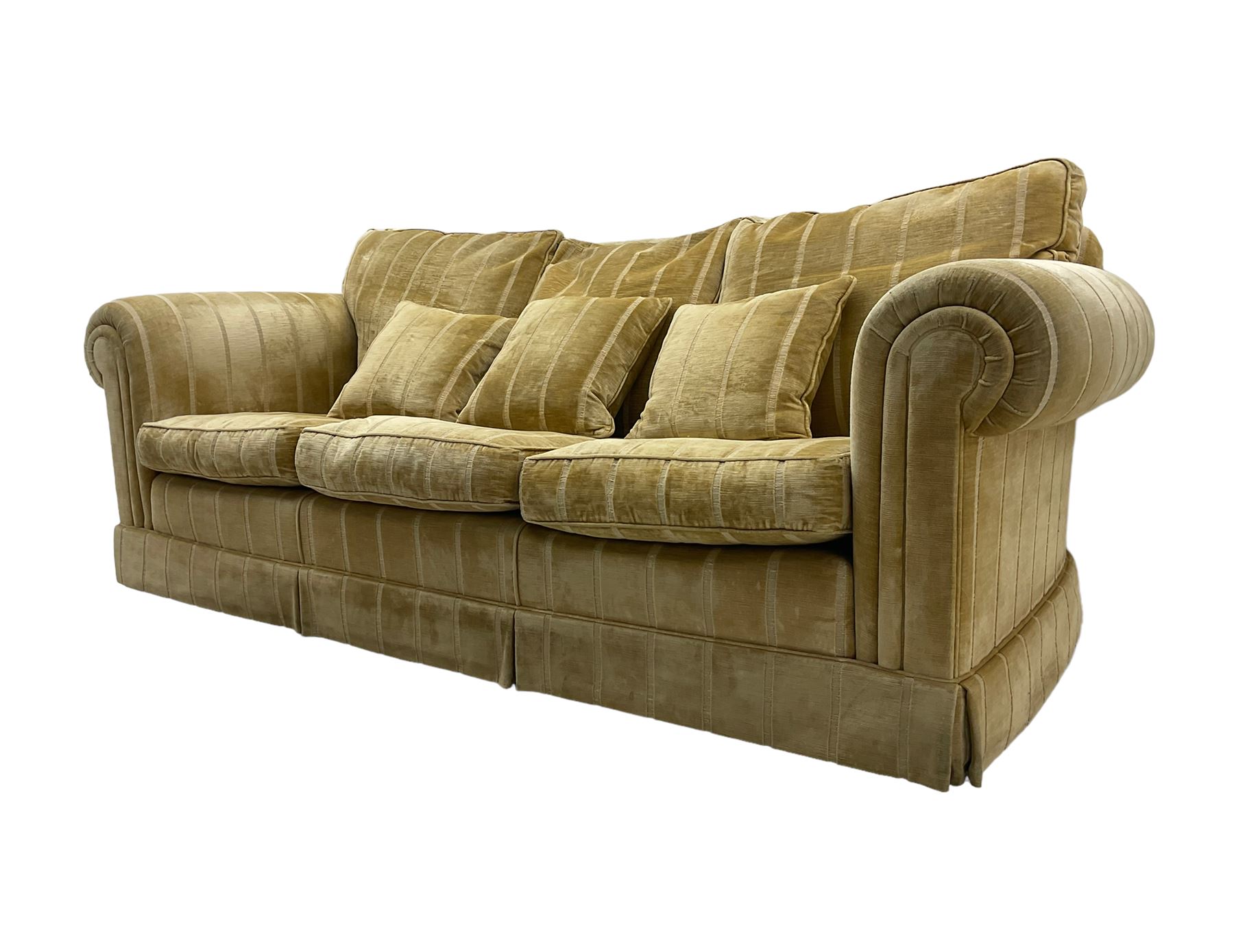 Duresta England - three-seat sofa, upholstered in pale gold fabric, traditional shape with rolled arms