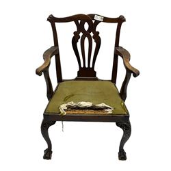 George III  elm and walnut elbow chair, shaped cresting rail over pierced and interlaced splat back, upholstered drop-in seat, on acanthus carved cabriole supports with ball and claw feet 