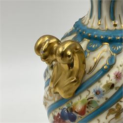 Pair of late 19th/early 20th century Sevres style vases and covers, of baluster form with gilt scroll handles and domed covers, the wrythen fluted bodies decorated with alternating bands of painted fruit and flowers and gilt vines, upon a white and celeste blue ground, with printed and impressed marks beneath, H22.5cm 