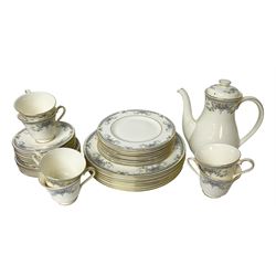 Royal Doulton The Romance Collection, Juliet pattern tea and dinner wares, comprising coffee pot, dinner plates, side plates, dessert plates, teacups and saucers