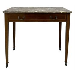 Edwardian inlaid mahogany wash stand or side table, variegated rouge marble top, fitted with single drawer with satinwood band, on square tapering supports with brass and ceramic castors  