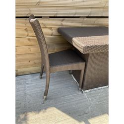 4 x Skyline Design square rattan garden table and two chairs (maroon/maroon)