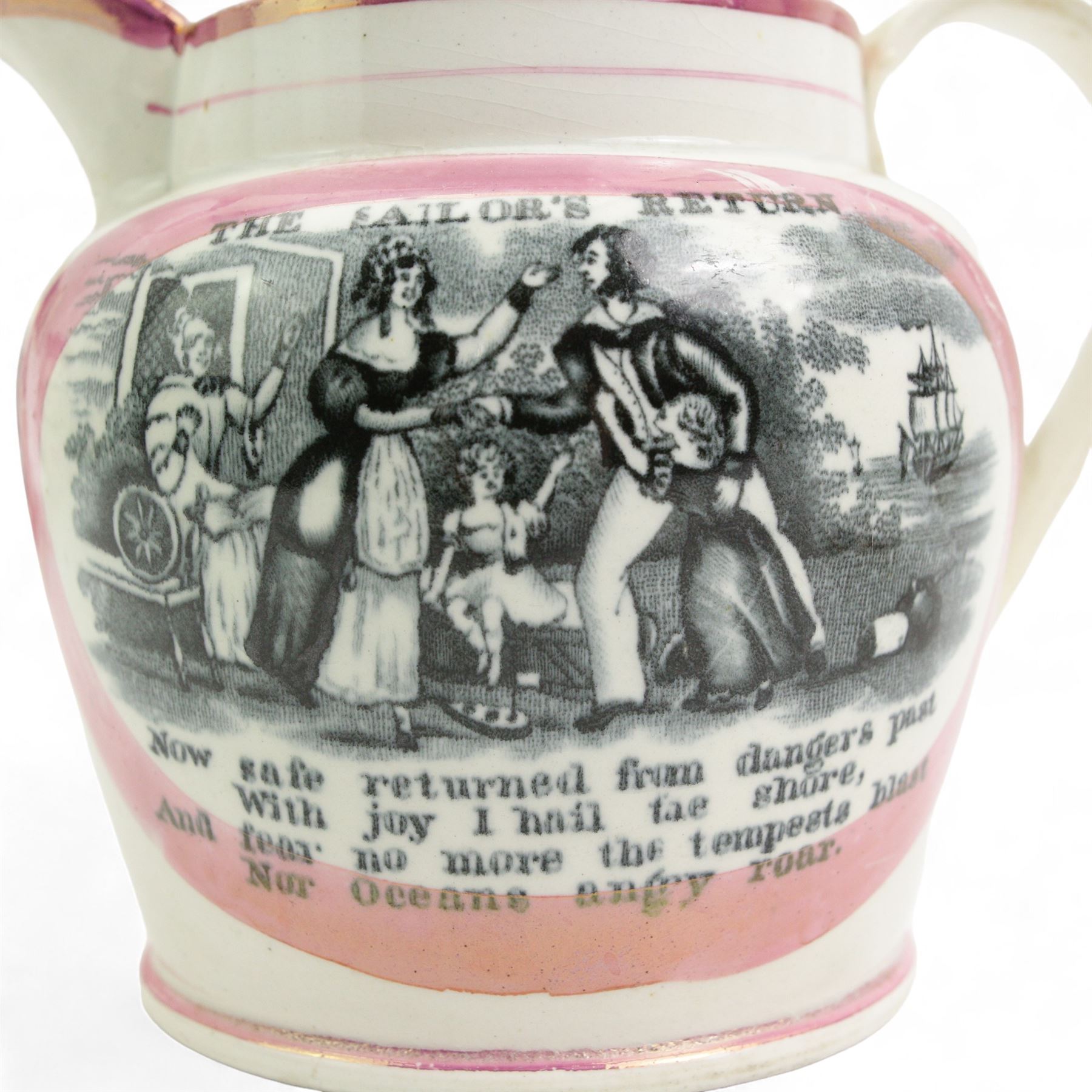 19th century Sunderland lustre jug, transfer printed 'The Sailors Return' and Crimea war panel, H13cm, together with two 19th century Sunderland lustre mugs; 'Flowers that never fade' and frog mug 'A West View of the Iron Bridge' (3)