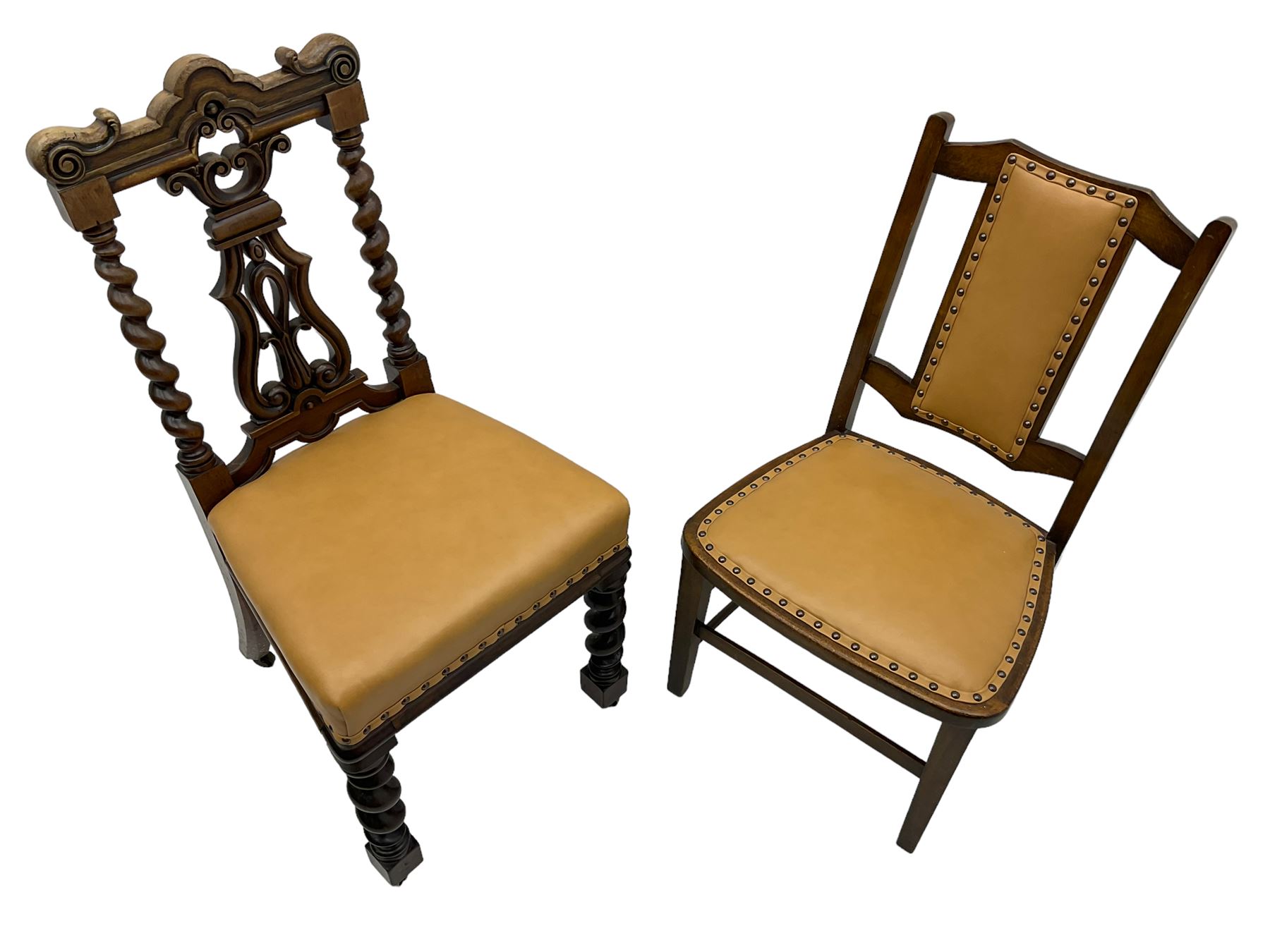 Early 19th century mahogany side chair, the shaped cresting rail with scroll carved ears over shaped and pierced splat with scrolling decoration, enclosed by spiral turned supports, leather upholstered seat, on spiral turned front supports (W45cm); 20th century stained beech framed chair (2)