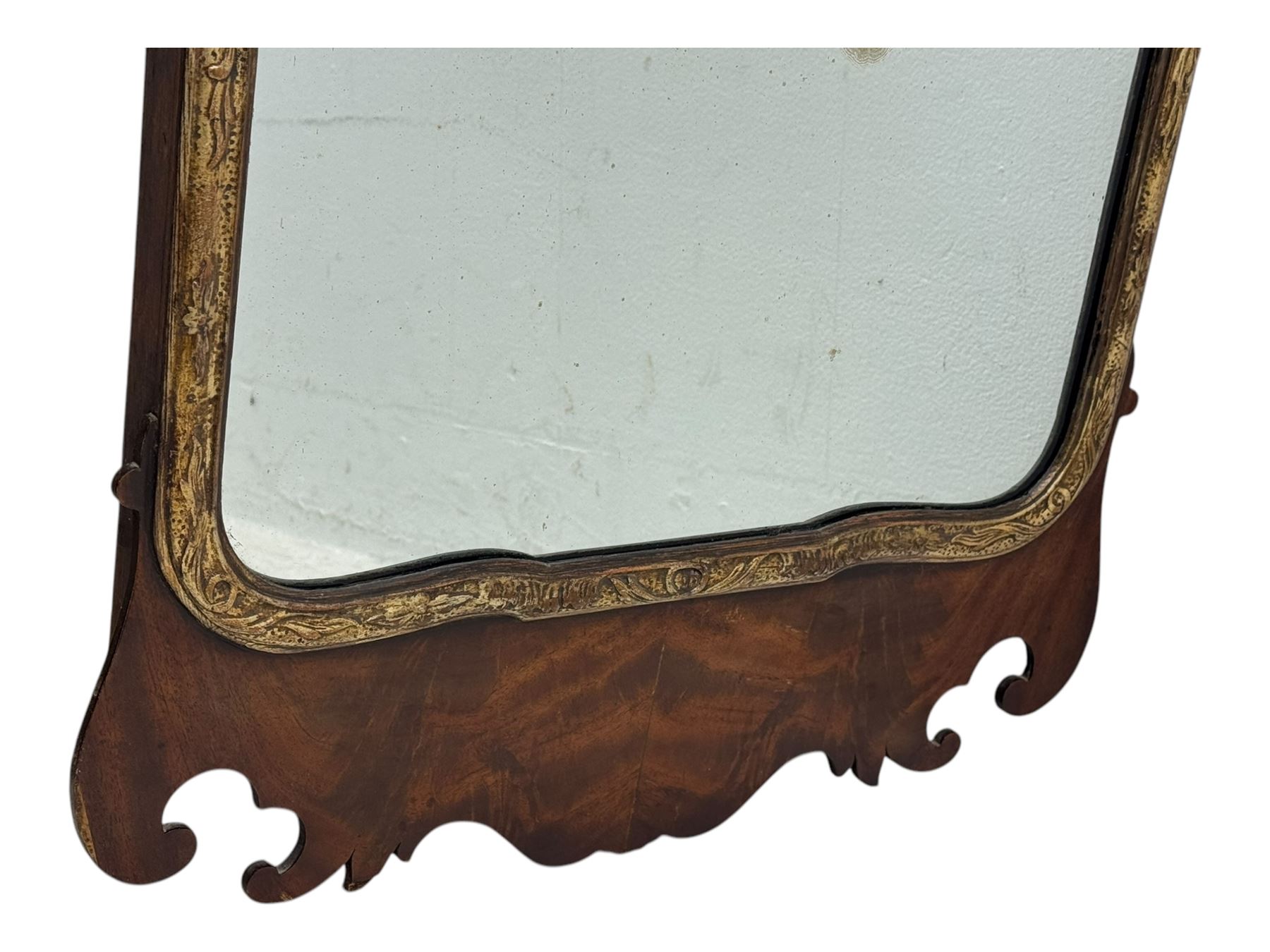 Georgian design walnut and parcel gilt fretwork wall mirror (76cm x 73cm); Chippendale design mahogany fretwork wall mirror, carved with Ho-Ho bird pediment (54cm x 93cm)