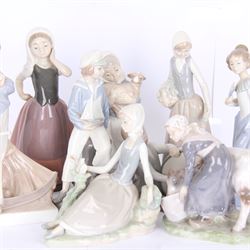 Two Royal Copenhagen figures, comprising girl with cow, 779 and Farmer with scythe, no 685 , together with two Lladro figures, and similar 