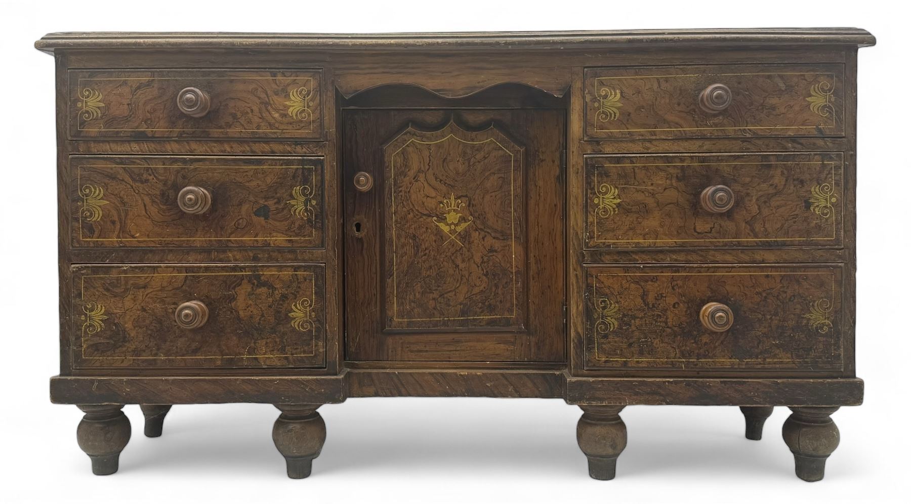 Victorian walnut scumbled pine sideboard, stepped rectangular top over central cupboard with marquetry inlay, flanked by two banks of three drawers fitted with round wooden knobs, raised on turned bun supports