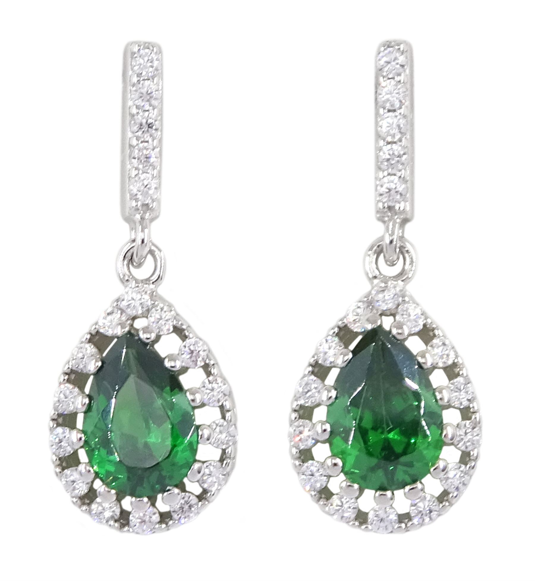 Pair of silver green stone and cubic zirconia pendant stud earrings, stamped 925