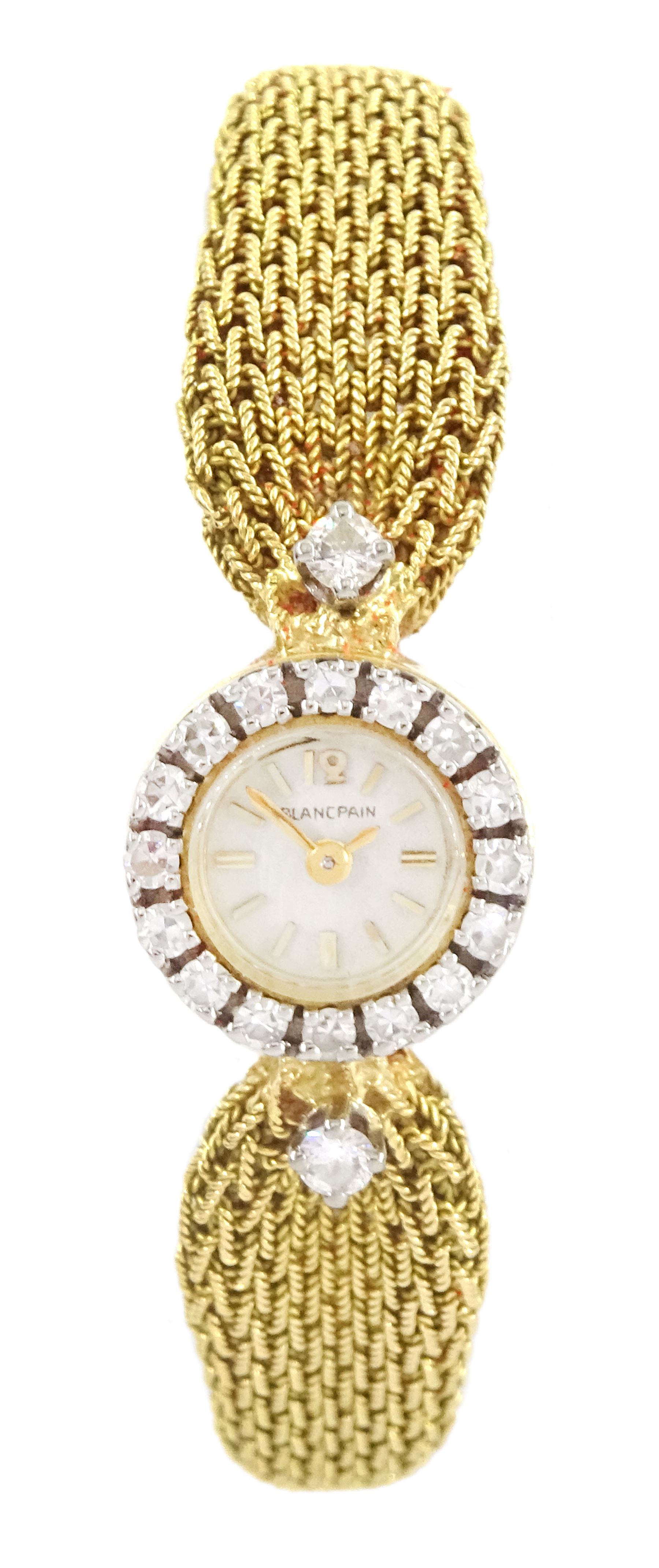 Blancpain ladies 18ct gold manual wind wristwatch, back case No. 4311, cream dial with baton hour markers, round brilliant cut diamond surround, crown wind from back case, Glasgow import mark 1959, on integral 18ct gold mesh bracelet, stamped 750, boxed