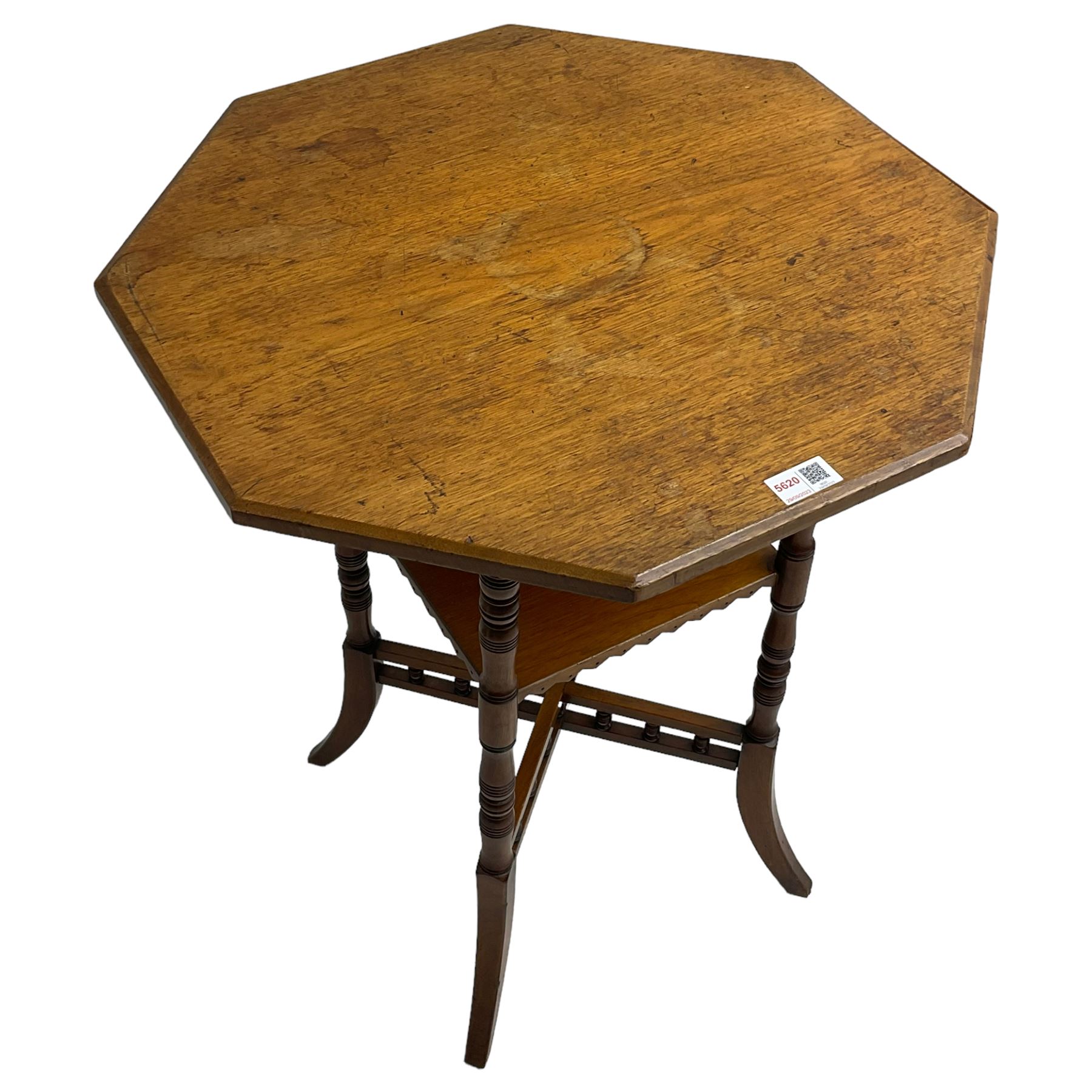 Victorian walnut centre table, octagonal to on turned and splayed supports joined by under tier and x-framed stretchers