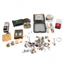 Silver jewellery, including earrings and rings, two ladies manual wristwatches, two travel clocks, a Rolstar lighter and a silver napkin ring