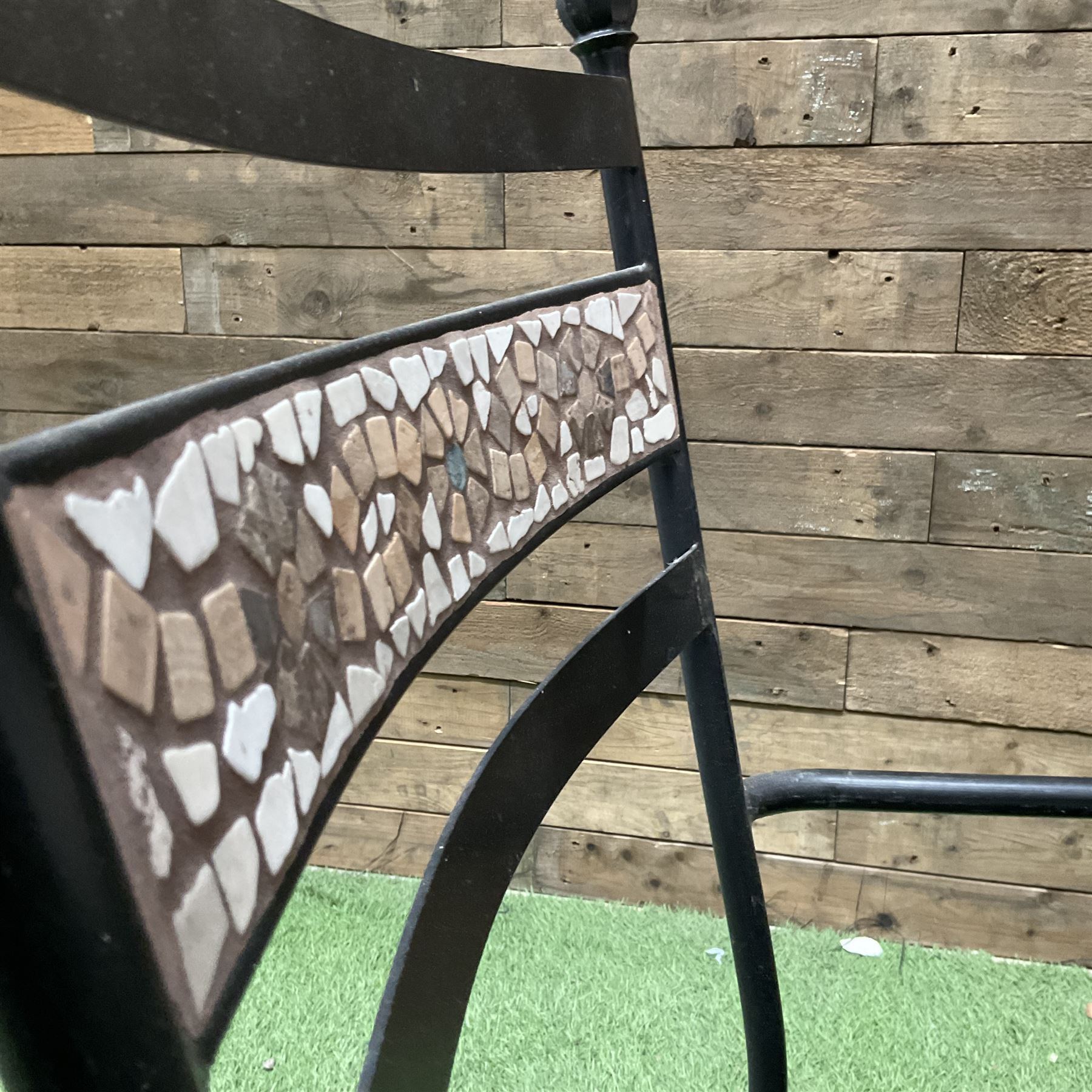 Mosaic and black metal circular garden table and four chairs - THIS LOT IS TO BE COLLECTED BY APPOINTMENT FROM DUGGLEBY STORAGE, GREAT HILL, EASTFIELD, SCARBOROUGH, YO11 3TX