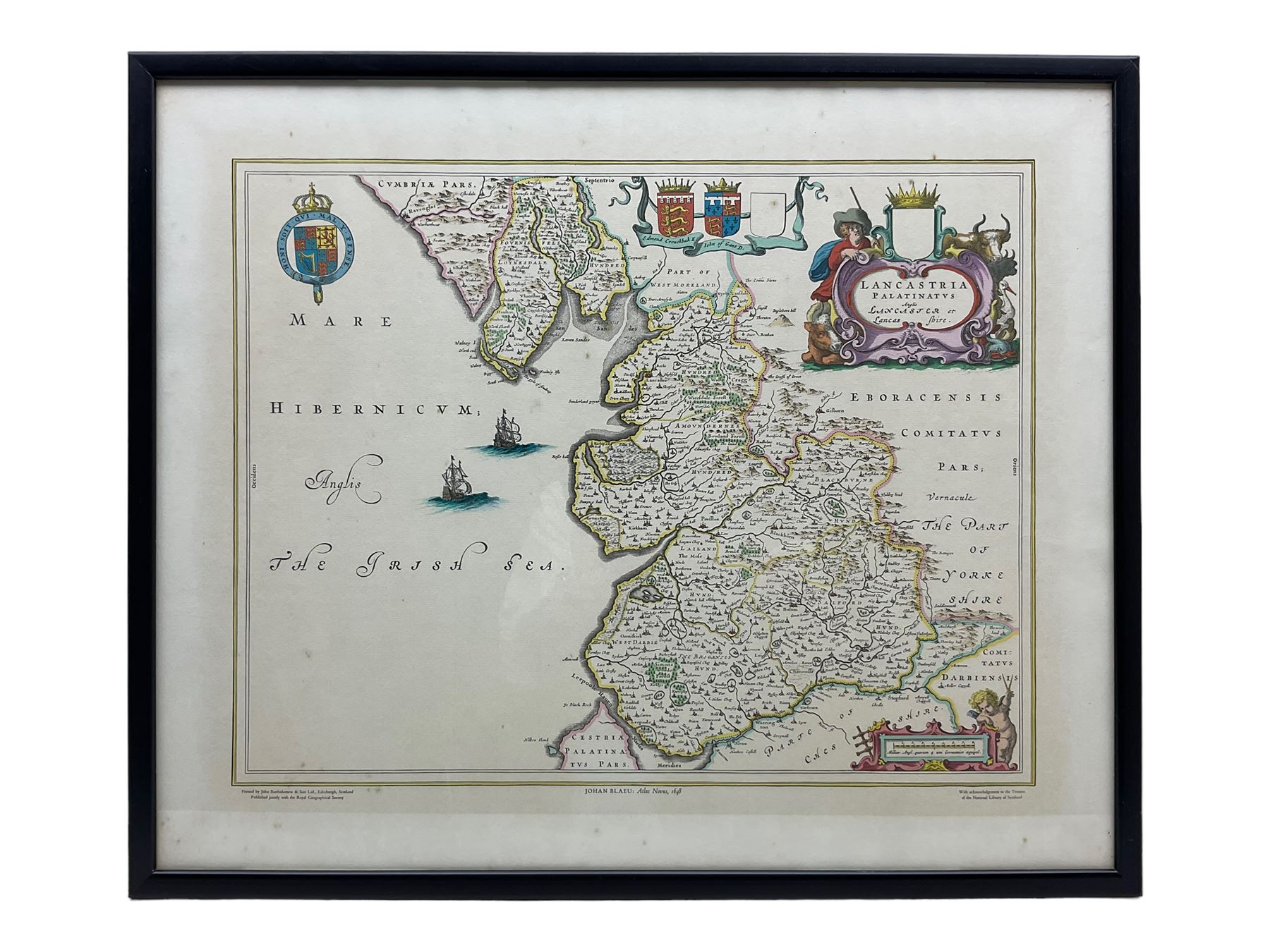 After Francis Nicholson (British 1753-1844): 'Pont Aberglaslyn - North Wales', lithograph pub. Charles Joseph Hullmandel (1789-1850) 28cm x 38cm; 'Christopher Wright' and 'William Sommers', matched pair 19th century engravings 11cm x 16cm in period rosewood frames; After Johannes (Joan) Blaeu (Dutch 1596-1673): 'Lancastria Palatinus' - Lancashire, 20th century reproduction map 40cm x 51cm (4)