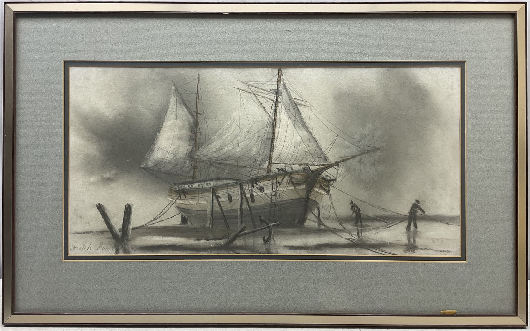 Joseph Hamilton (British 20th Century): Mooring Ships, pair oil pastel sketches indistinctly signed 24cm x 49cm (2)