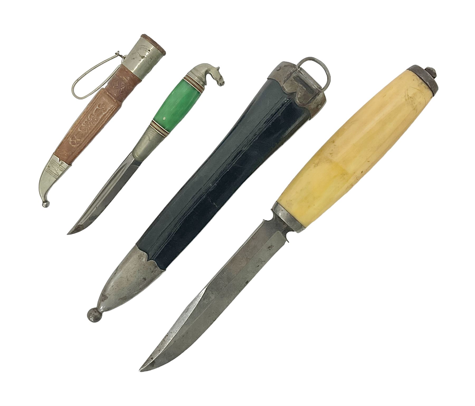 Two Scandinavian bowie knives, the first example with polished green handle with horse head final in white metal, with brown leather sheath, blade L6cm overall L12cm, the second with a polished bone handle, in black sheath with white metal tip, blade L11cm overall 23cm