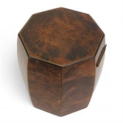 Early 20th century burr elm, ebony and boxwood string inlaid caddy, with hinged cover, H14cm