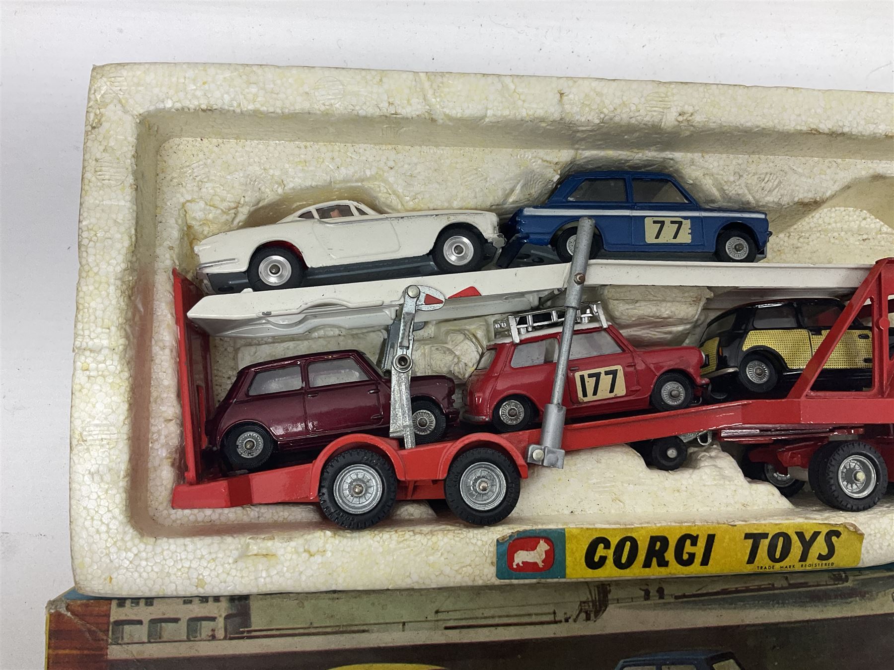 Corgi - Gift Set no.41 comprising Carrimore Mark Iv Transporter, Morris Mini-Cooper, BMC Mini-Cooper S, Morris Mini-Minor, Volvo P.1800 and Sunbeam IMP; missing MGC GT car; in original box 