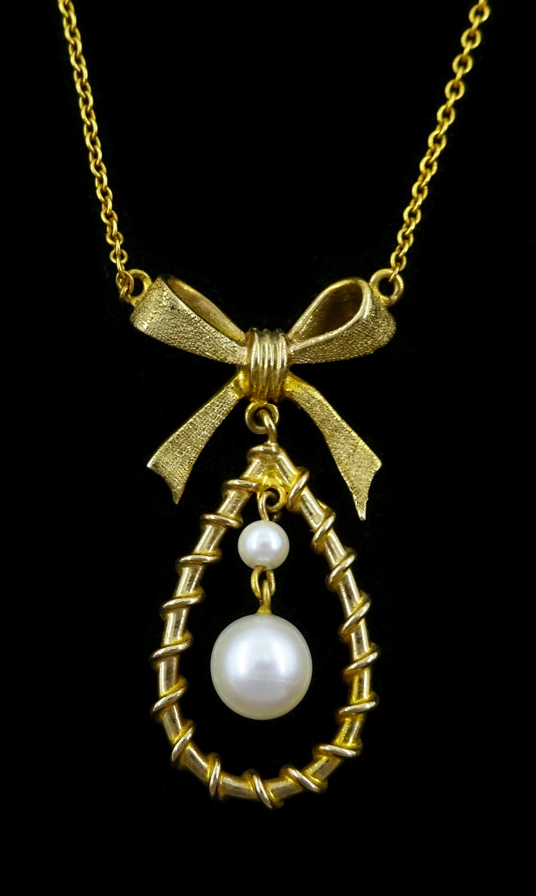 9ct gold pearl bow pendant necklace, Birmingham 1966