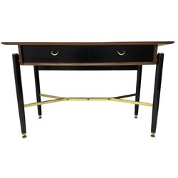 E. Gomme for G-Plan - ‘Librenza’ afrormosia and black finish console, fitted with two drawers, on turned supports united by brass stretchers