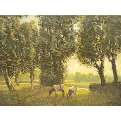 Paul Paul (Staithes Group 1865-1937): Cattle Grazing in Wooded Landscape, oil on canvas signed 33cm x 44cm 
Provenance: from the artist's studio collection. Paul Politachi, born in Constantinople in 1865, was the son of Constantine Politachi (1840-1914), a merchant in cotton goods, and his wife Virginie. About 1870 the family came to England, and in 1871 Paul is listed as living at 4 Victoria Crescent, Broughton, Salford with his parents, two younger sisters Eutcripi and Emilie, paternal grandmother Fotine, a governess and a servant. In January 1887 he enrolled at Hubert von Herkomer's School at Bushey, where he presumably met fellow future Staithes Group members Rowland Henry Hill and Percy Morton Teasdale.

After his marriage to Marion Archer in 1896 he changed his name to the more Anglophone Paul Plato Paul. He exhibited at the Royal Academy ten times between 1901 and 1932. He was elected to the Royal Society of British Artists in 1903 and in that year exhibited 'The Old Pier, Walberswick' and 'The Road to the Village' in their winter exhibition. Two years later he was elected a member of the Staithes Art Club, alongside Teasdale. He died at 11 Bath Road, Bedford Park, Brentford, Middlesex on 23 January 1937, aged 71.
