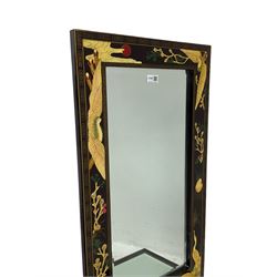 Chinoiserie design wall hanging mirror with shelf, the rectangular frame with raised decoration depicting birds and landscapes, fitted with bevelled glass 