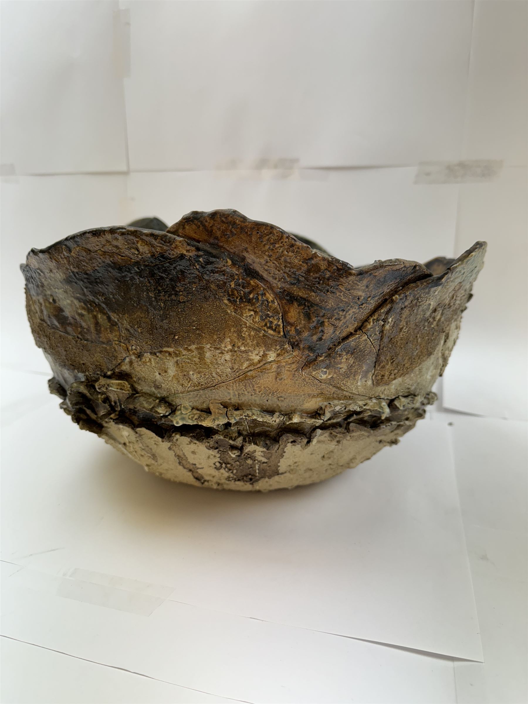 Peter Hough (British Contemporary): slab built stoneware sculptural bowl, of abstract floral design with applied and incised decoration throughout, H21cm, D37cm