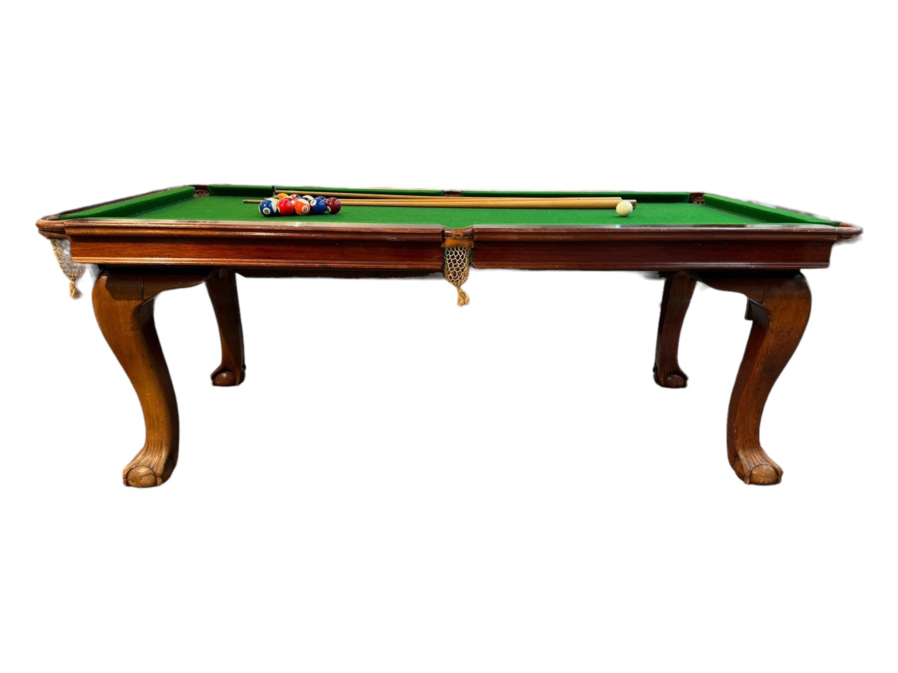 Riley - mahogany slate bed snooker dining table, green baize playing surface fitted with leather net pockets, raised on cabriole supports ending in ball and claw feet; together with set of Riley cues, balls and scoreboard