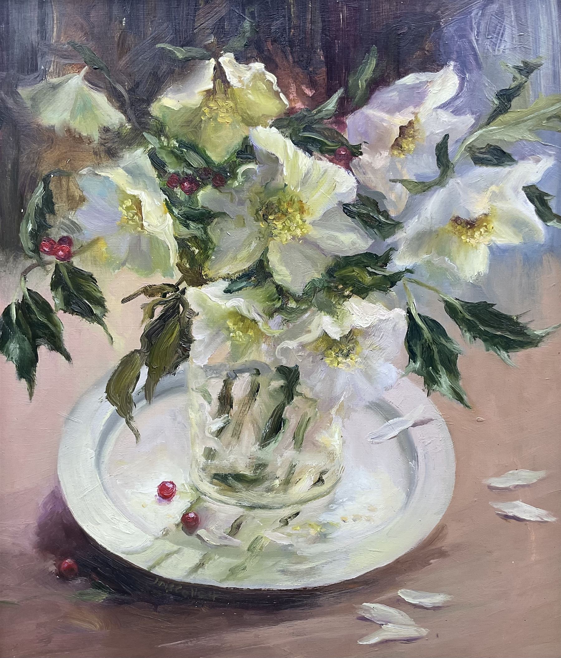 Iris Collett (British 1938-): Still Life of Christmas Roses, oil on board signed 40cm x 34cm
Provenance: part of the artist's studio collection