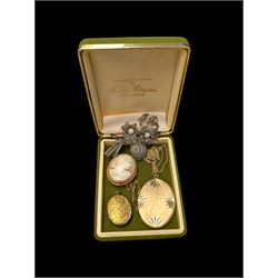 9ct gold cameo brooch, 9ct gold chain necklace, two gold plated lockets and a silver marca...