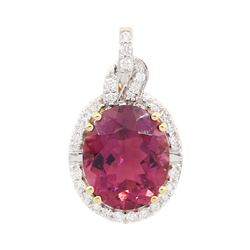 18ct gold oval cut rubellite tourmaline and round brilliant cut diamond pendant, hallmarke...