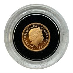 Queen Elizabeth II 2009 gold proof quarter sovereign coin, cased with certificate